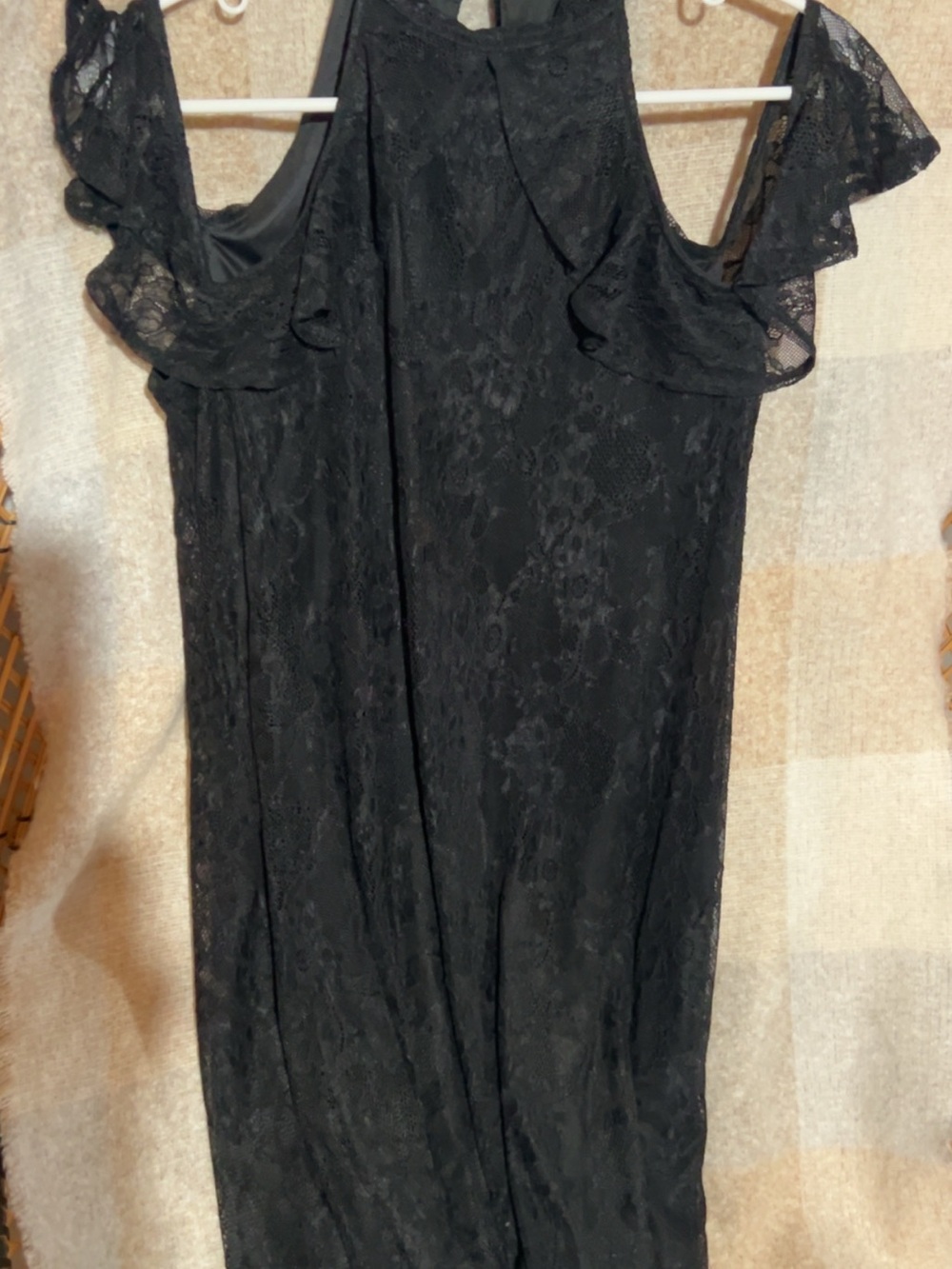 Black Lace Cold-Shoulder Midi Dress with Ruffle Trim